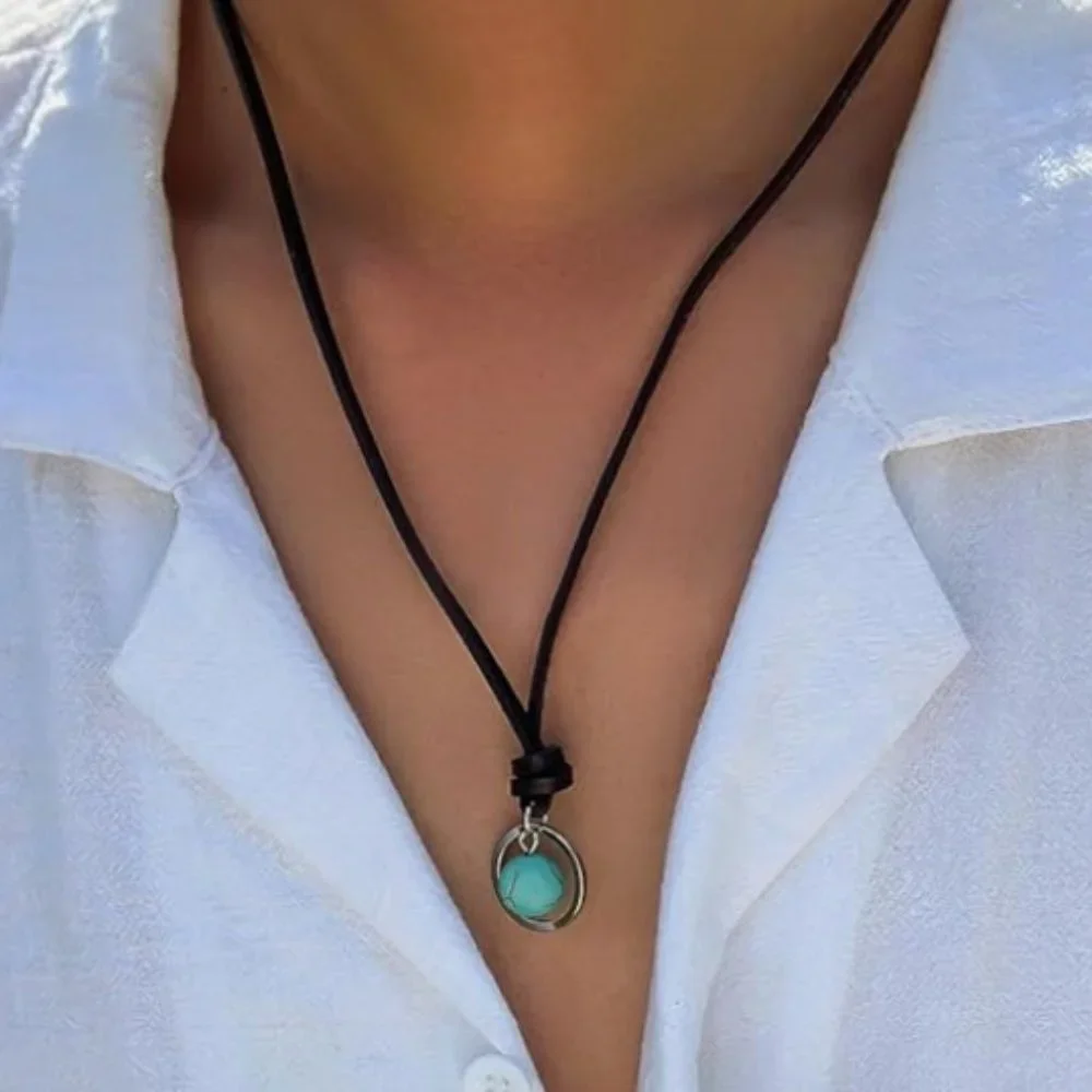 Boho Vintage Turquoise Pendant Choker, Bohemian, Leather Necklace